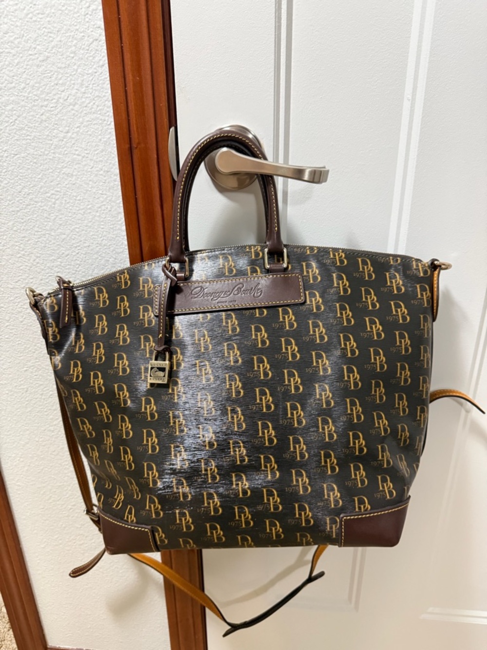 Dooney & Bourke Brown Monogram Satchel with Gold Hardware